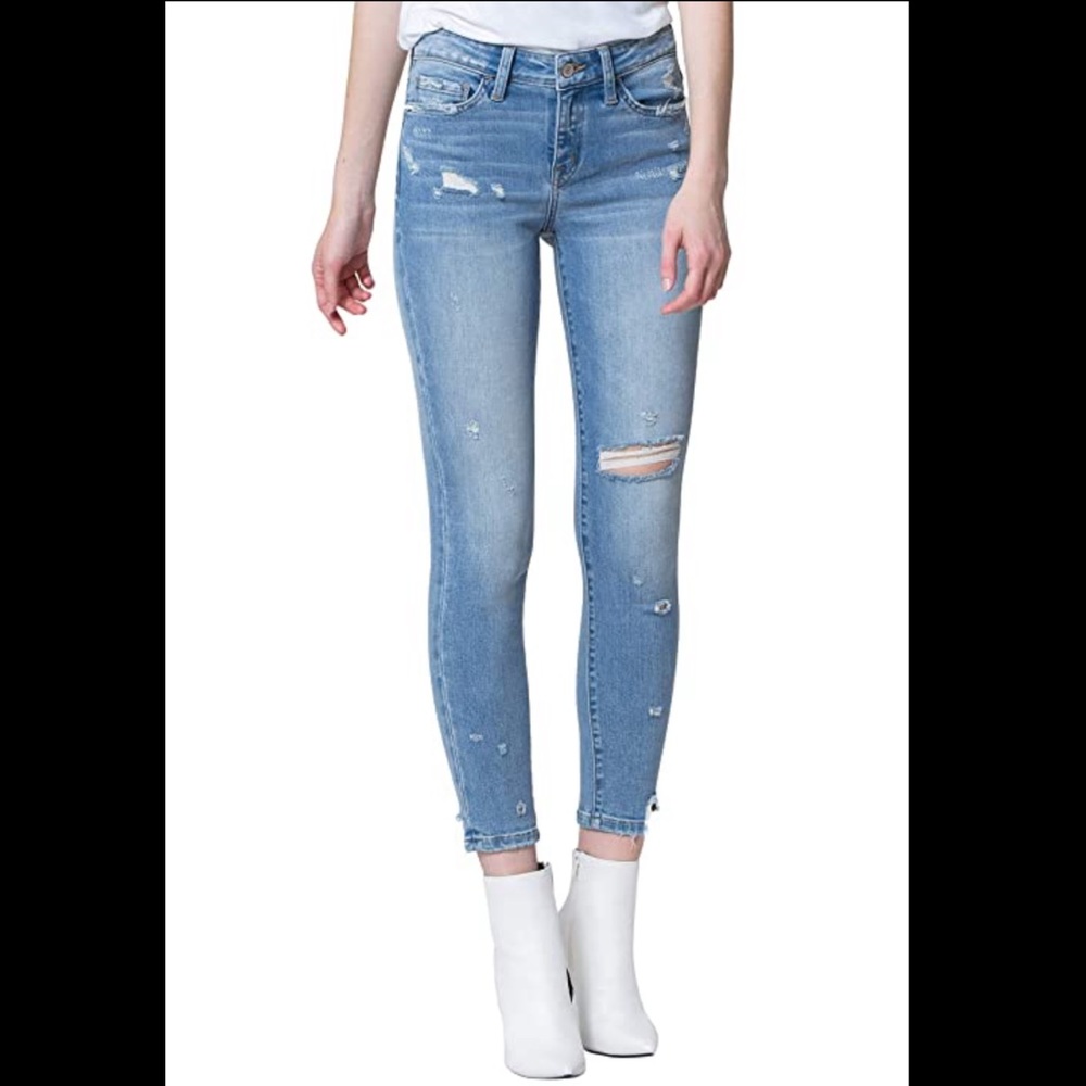 Vici Flying Monkey Blue Noir - Mid Rise Distressed Broken Hem Crop Skinny Jeans